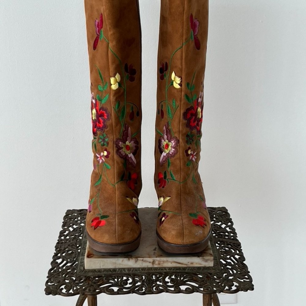 Embroidered Suede Boots - Size 8
